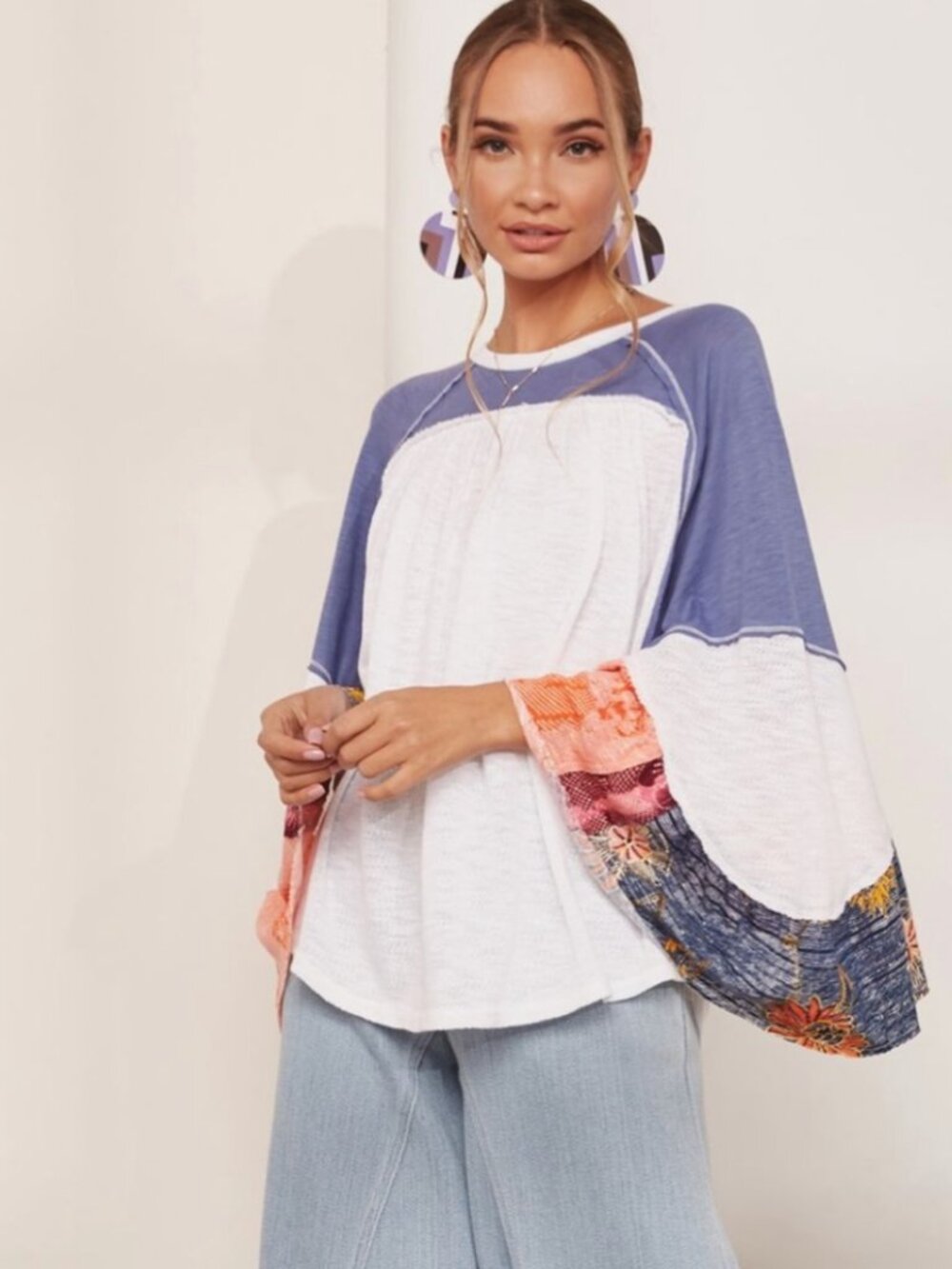 We The Free Friday Fever Blouse Women's Size M Blue Multicolor Boho Shirt